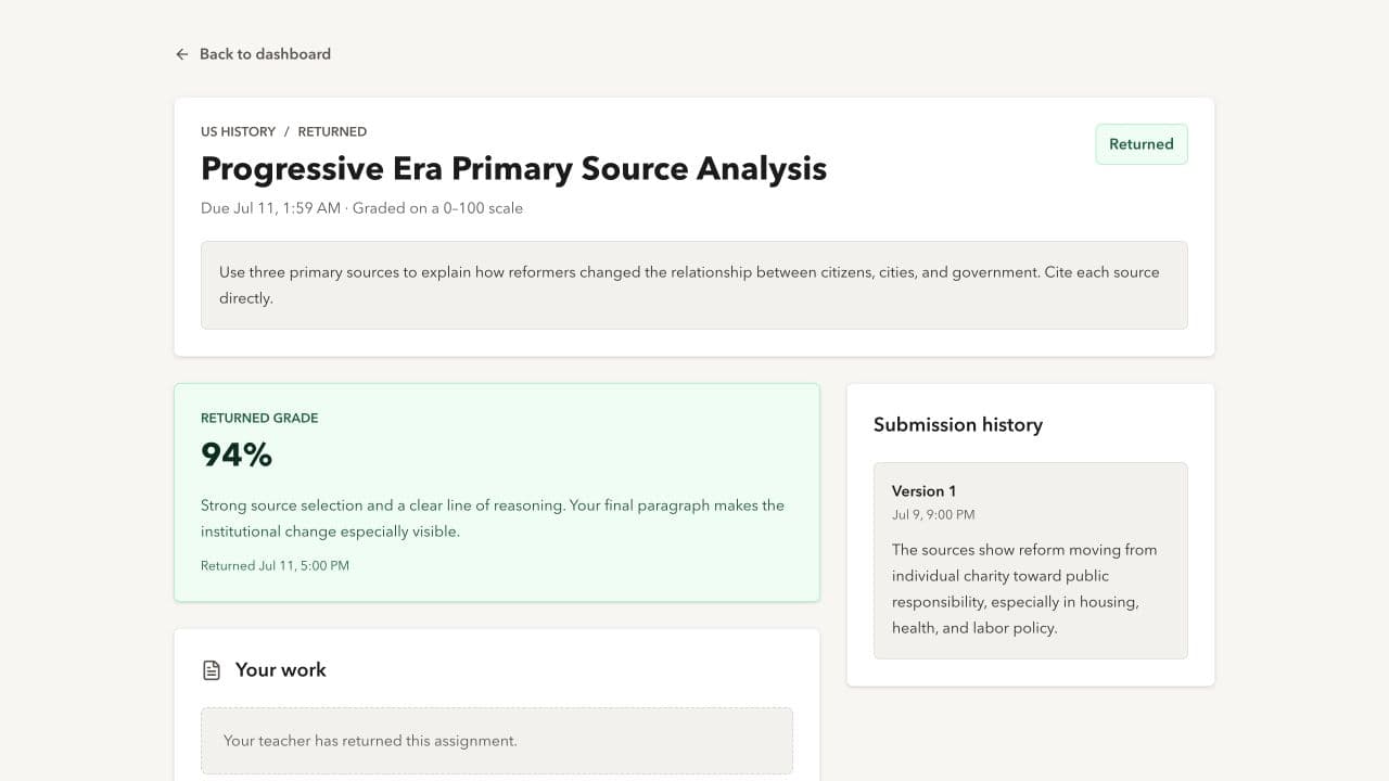 Returned student work and teacher feedback in LENS
