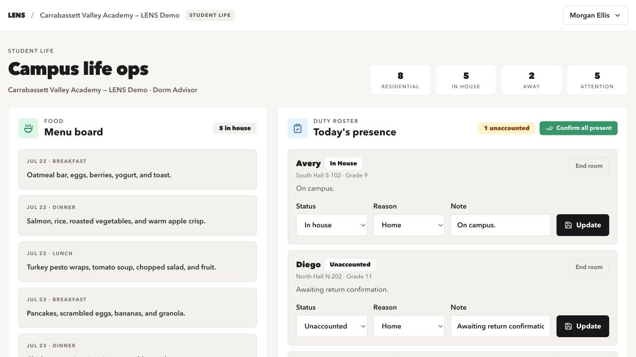 Student life operations dashboard inside LENS