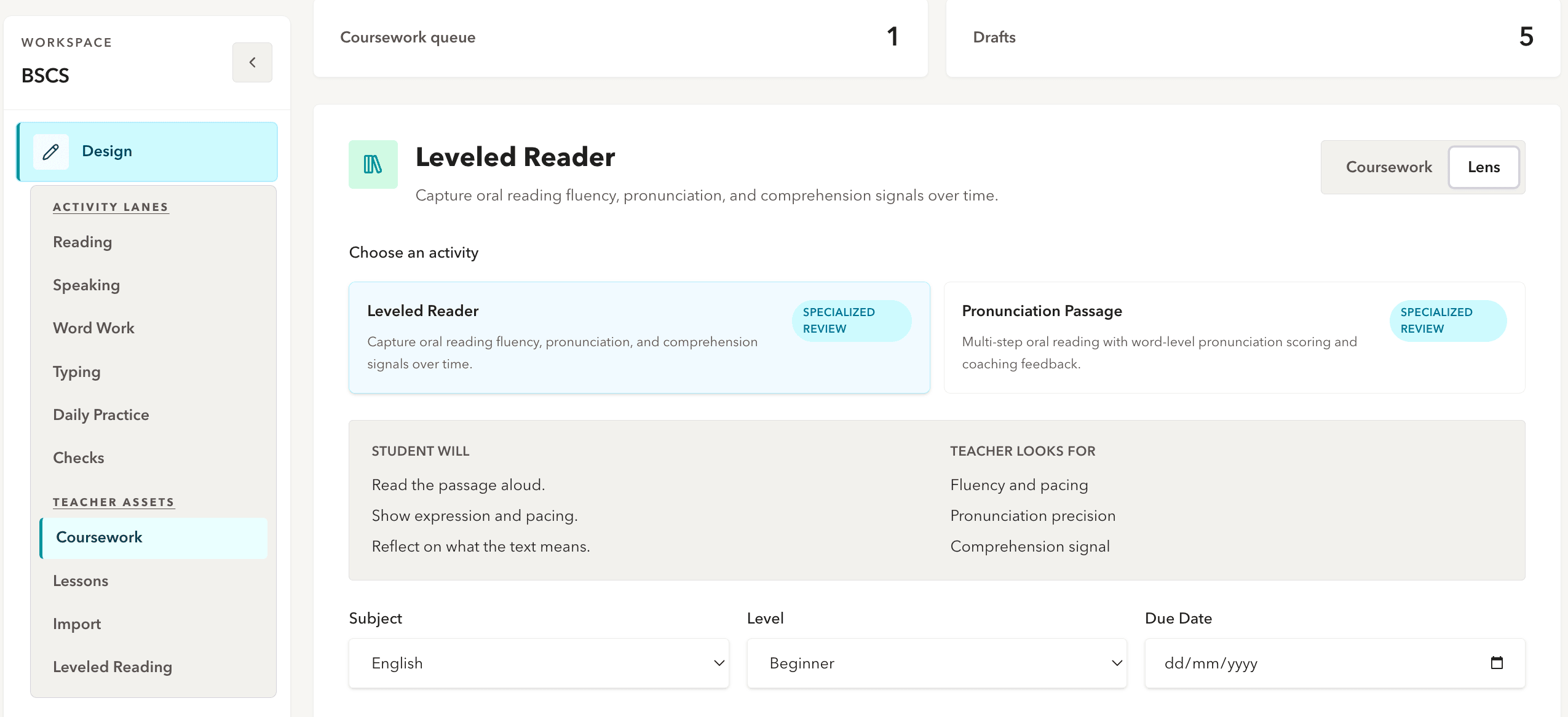 LENS teacher workspace with course planning tools