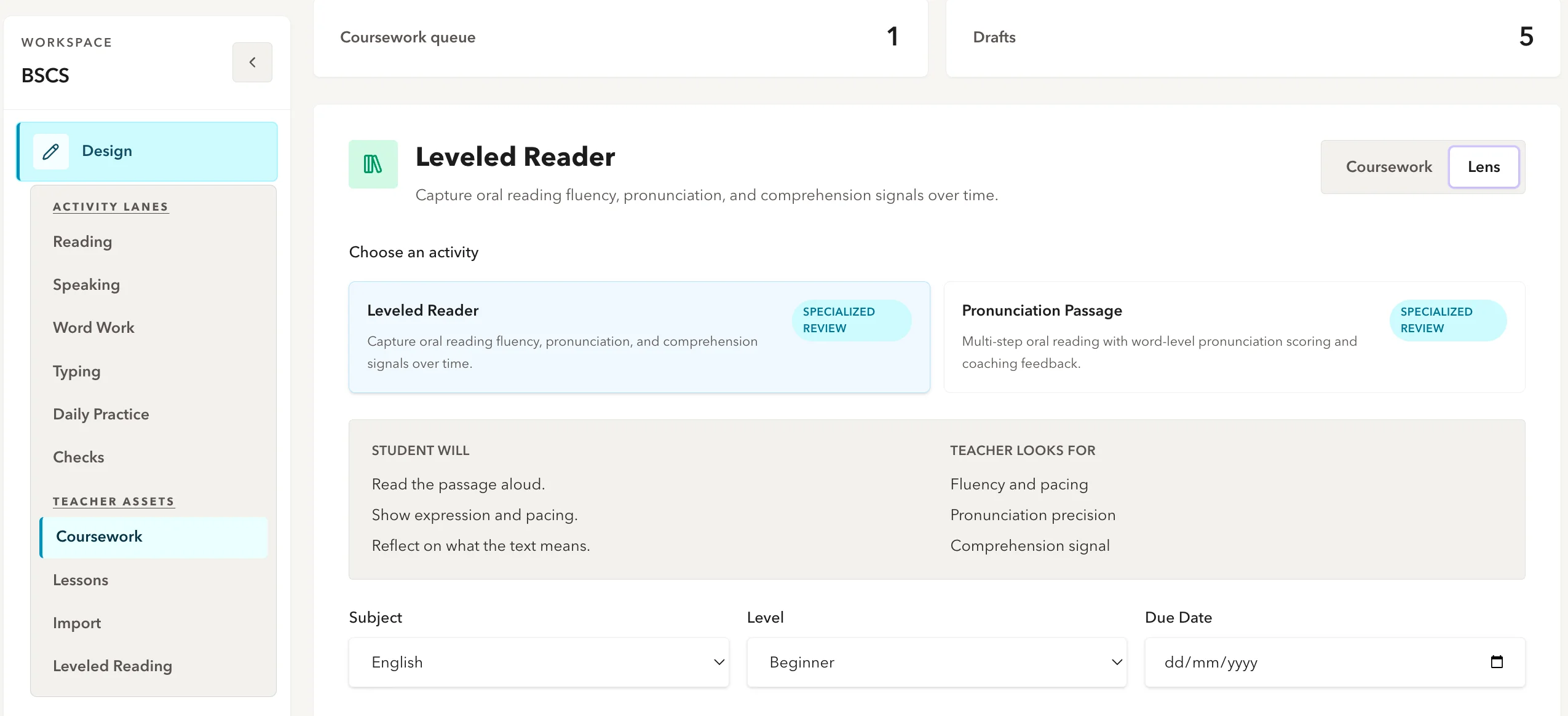 LENS teacher workspace with course planning tools